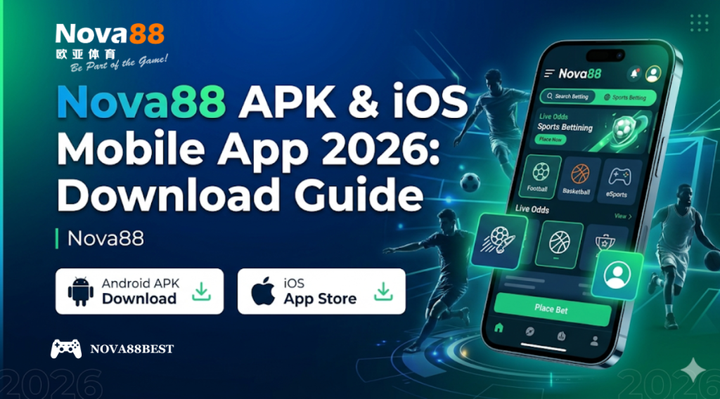 A dynamic promotional banner in blues and greens with a smartphone displaying the Nova88 betting app, alongside download buttons and text for a 2026 download guide.