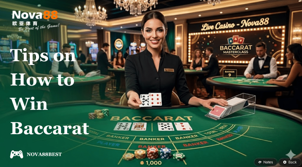 A professional live Baccarat table at Nova88 with a smiling female dealer holding cards, featuring a large empty green felt area on the left side for text overlay.