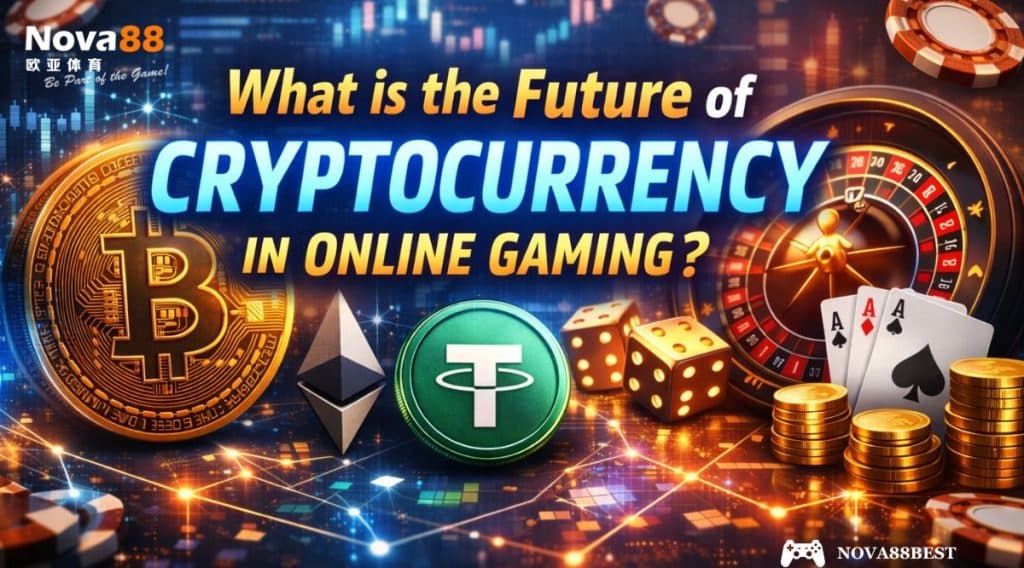 Cryptocurrency in online gaming concept showing Bitcoin, Ethereum and Tether with casino roulette, dice and cards representing the future of crypto casino Malaysia and Nova88 online gaming.