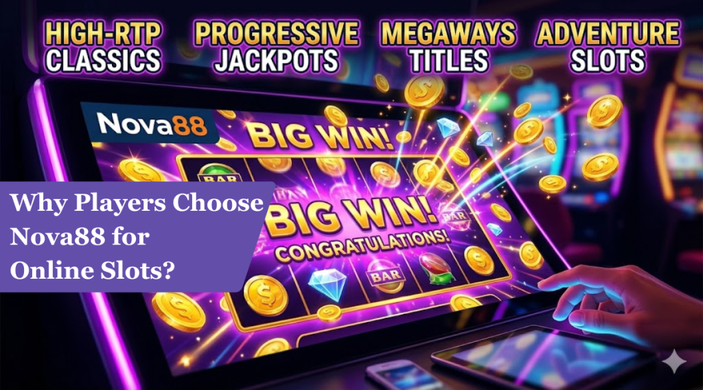 A comprehensive infographic for Nova88 titled "Why Players Choose Nova88 for Online Slots?" featuring a central group of excited players surrounded by eight glowing benefit panels including Jackpots, Fast Withdrawals, and Fair Play.