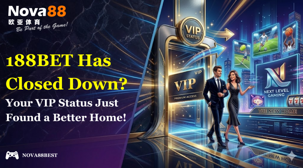 Luxury VIP lounge background with sleek modern furniture, digital betting displays, and Nova88 branding, designed for former 188bet players.