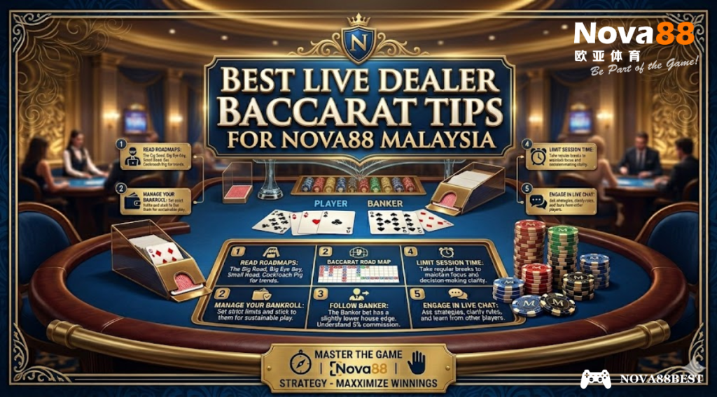 ive dealer Baccarat tips for Nova88 Malaysia players, featuring professional betting advice, card roadmaps, and golden casino chips