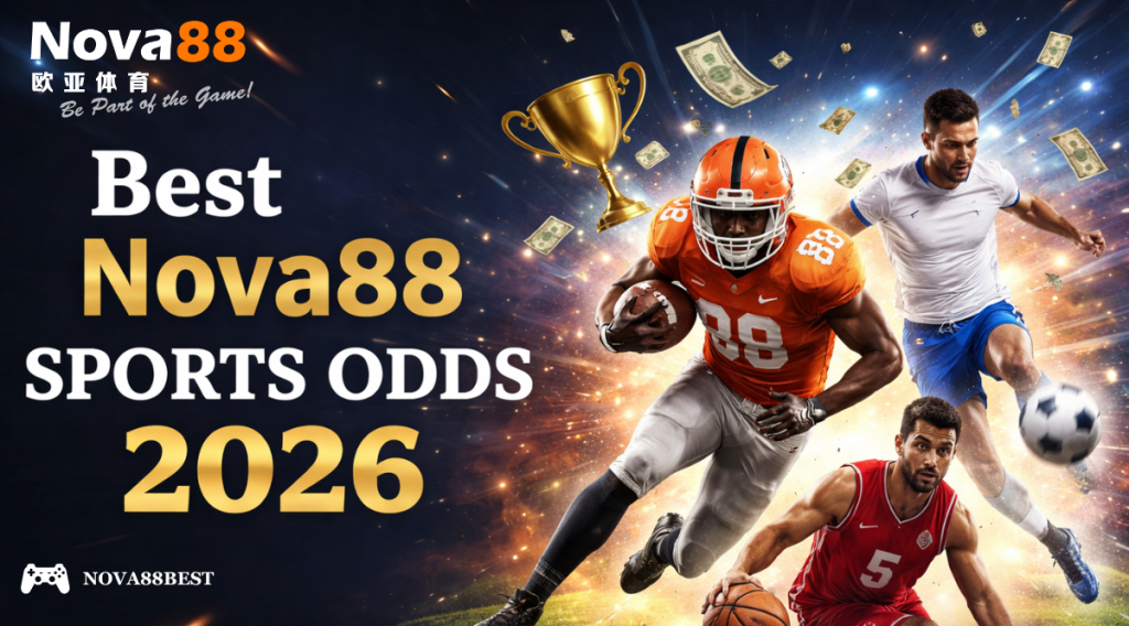 Bold “Best Nova88 Sports Odds 2026” title on the left with dynamic athletes and a trophy on the right in a vibrant sports-themed design.
