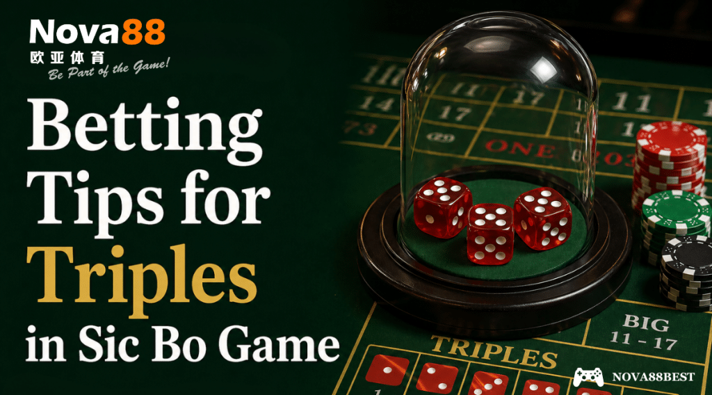 Betting Tips for Triples in Sic Bo Game with triple dice showing the same number under a glass dome on a Sic Bo table and six betting options from 1 to 6.