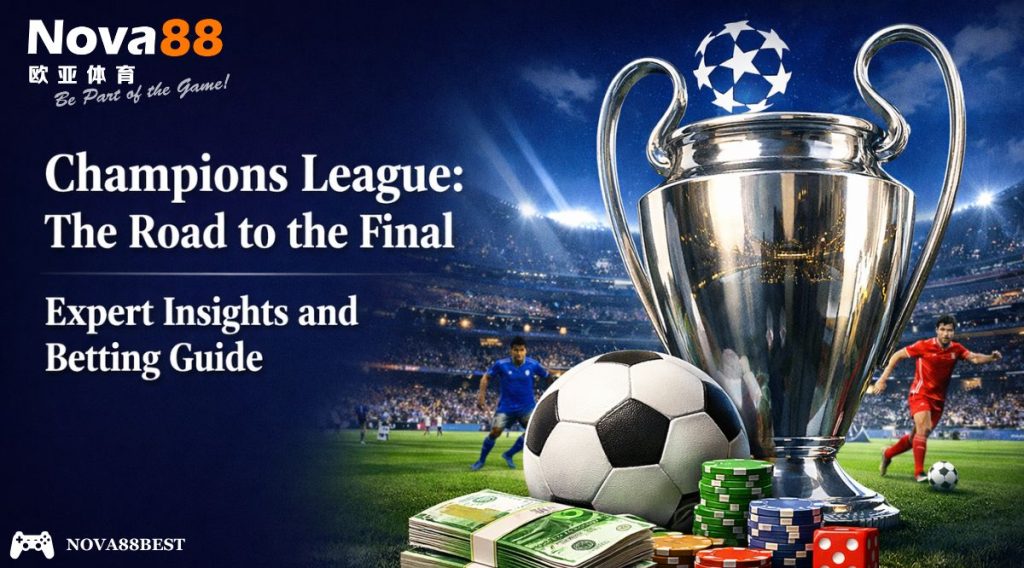 Champions League final banner with bold Georgia font title on the left and trophy, football, and betting elements on the right in a stadium setting