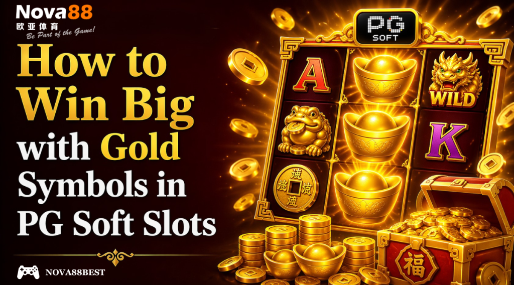 Bold promotional banner showing “How to Win Big with Gold Symbols in PG Soft Slots” on the left and a glowing gold-themed slot machine with coins and treasure on the right.