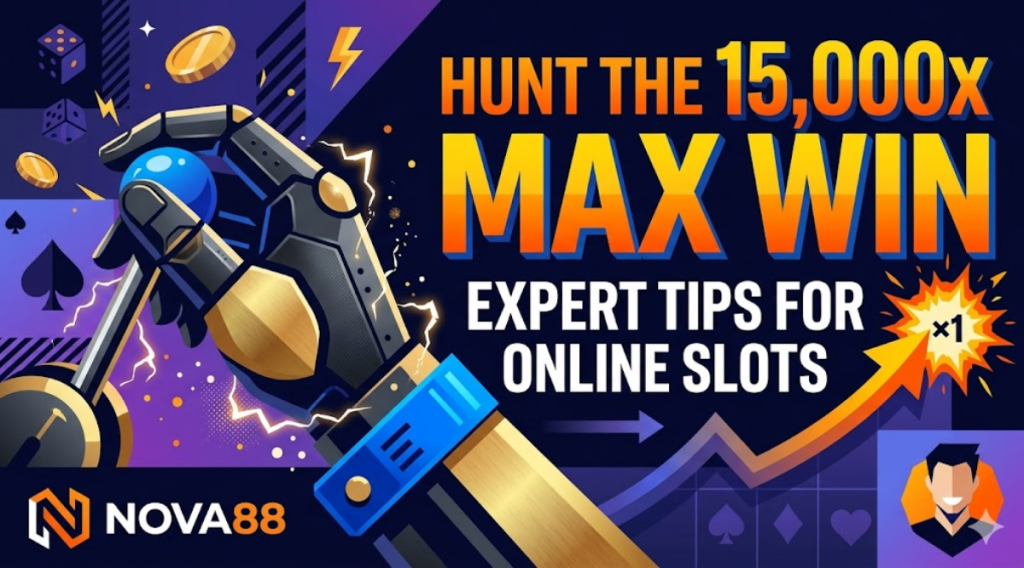 Strategic vector illustration for hunting the 15,000x Max Win on the Zeus 1000 online slot at Nova88, the most trusted online casino Malaysia.