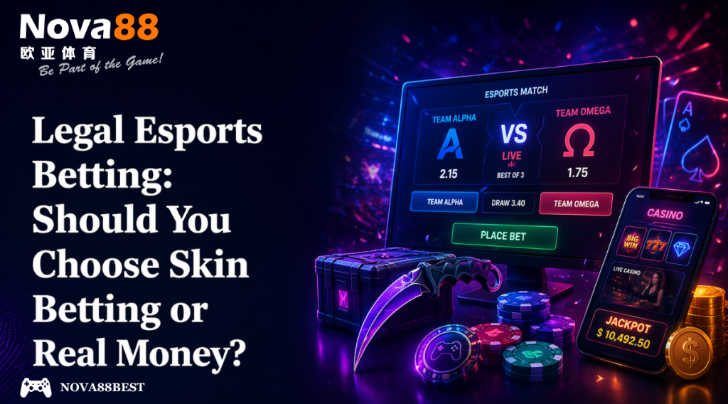 Legal esports betting banner with bold title on the left and neon casino-style gaming interface, chips, and esports match screen on the right.