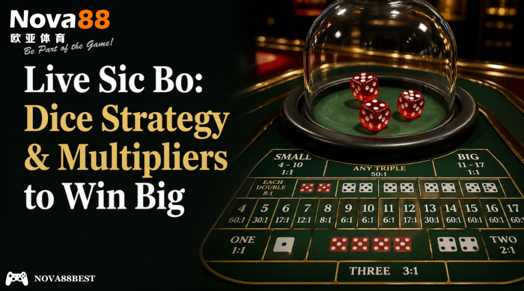 Live Sic Bo casino table with dice under glass dome and bold title “Live Sic Bo: Dice Strategy & Multipliers to Win Big” on the left.