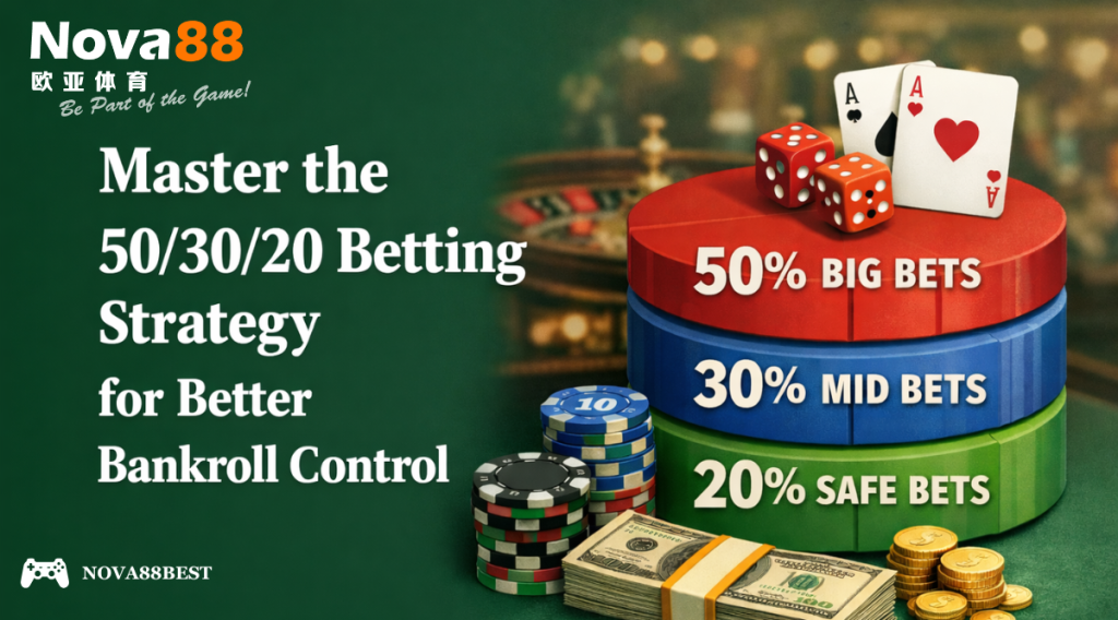 Master the 50/30/20 betting strategy infographic with bold Georgia title on the left and a three-tier bankroll allocation chart on the right.