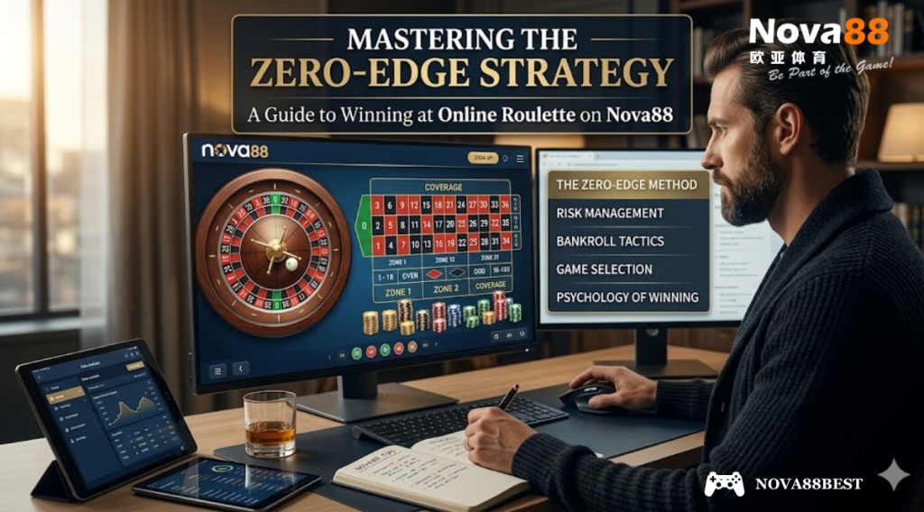 A man sitting at a desk studying a strategy guide while playing online roulette on a monitor.