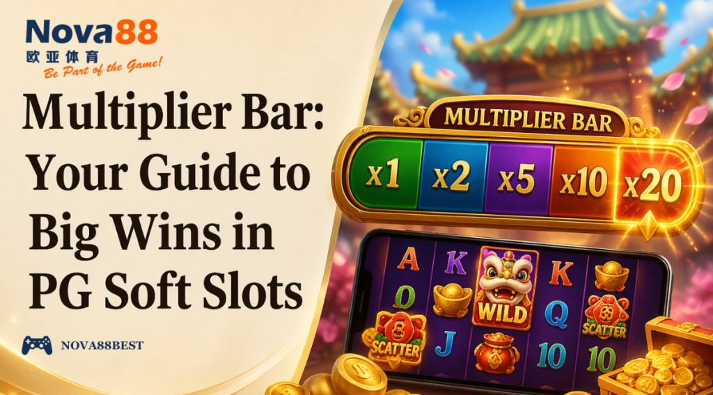 Multiplier Bar slot feature with increasing multipliers and gold coins beside a mobile PG Soft slot game display.