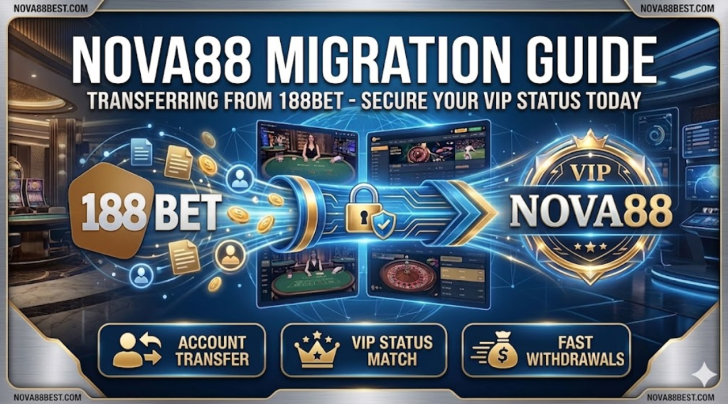 A sleek promotional banner featuring bold Georgia font and a digital data stream transitioning accounts from 188BET to Nova88.