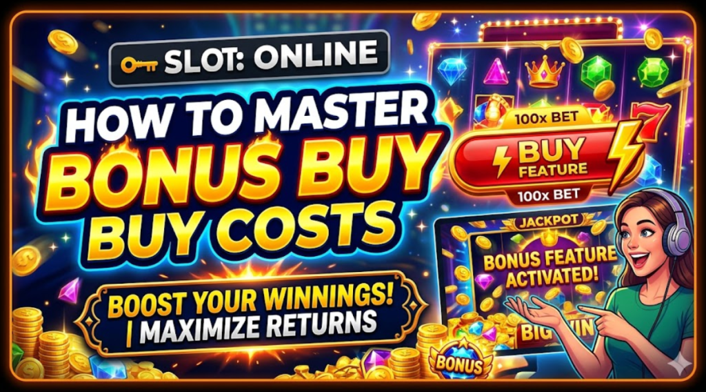 A dynamic YouTube thumbnail for an online slot strategy video titled "How to Master Bonus Buy Costs."