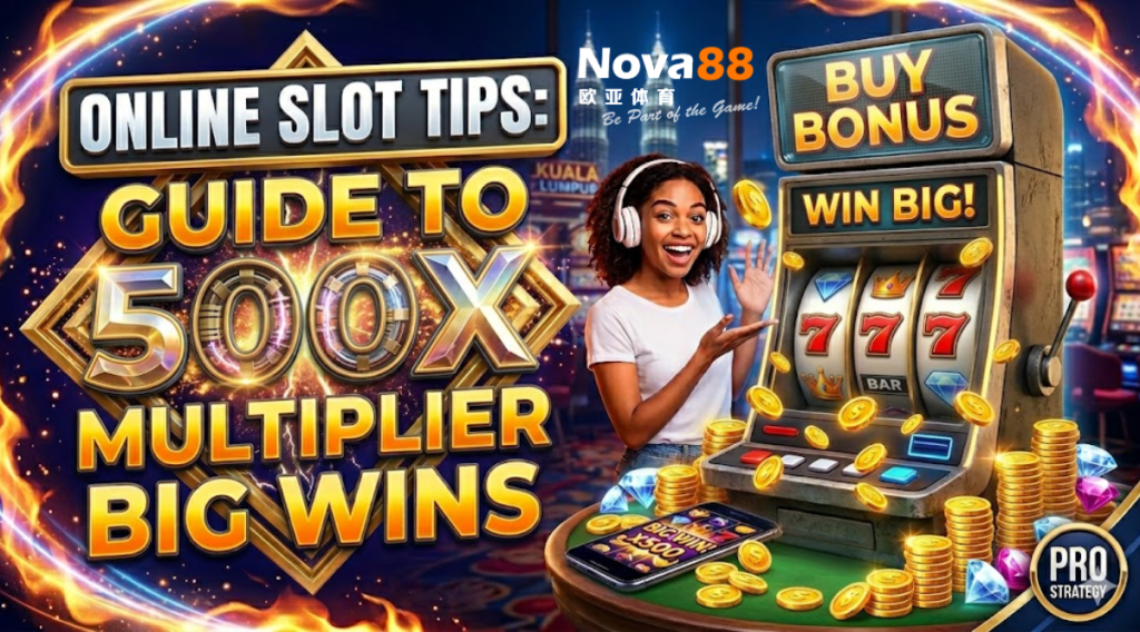 A dynamic 3D promotional image features a woman celebrating next to a Kuala Lumpur-themed slot machine highlighting '500X MULTIPLIER BIG WINS'.