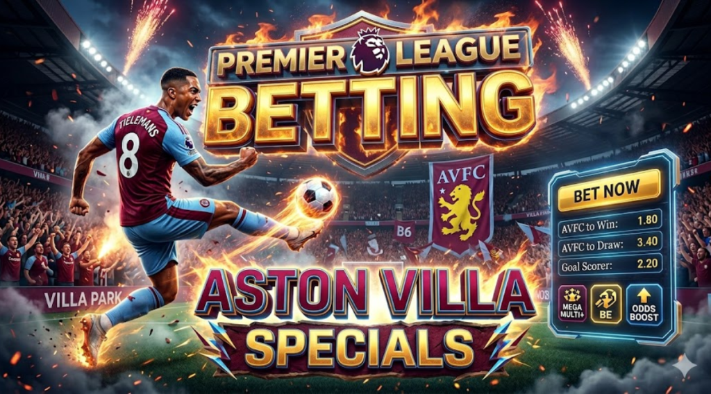 Premier League Betting: Aston Villa Specials featuring a soccer player in an Aston Villa kit kicking a flaming ball in a packed