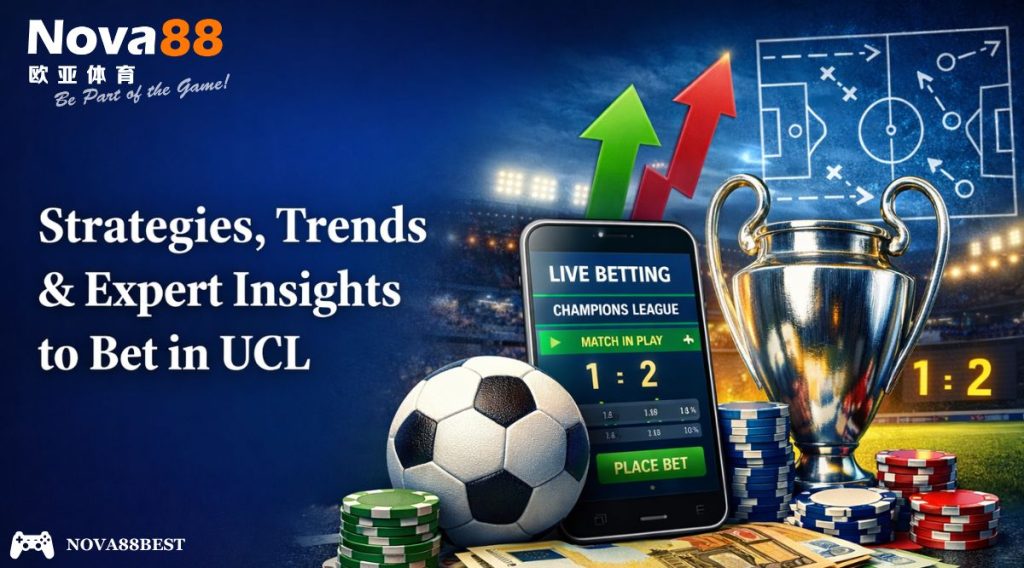 Strategies, Trends & Expert Insights to Bet in UCL banner with bold Georgia font on the left and Champions League betting visuals on the right.