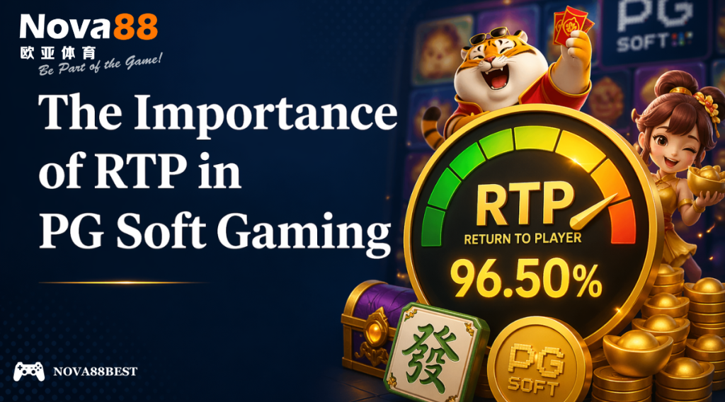 A promotional graphic showing “The Importance of RTP in PG Soft Gaming” in bold Georgia font on the left with a colorful RTP meter and casino-themed elements on the right.
