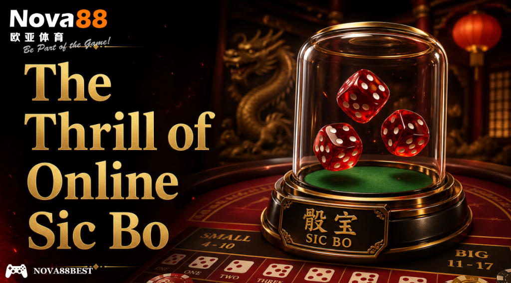 Epic 3D Sic Bo dice under glass dome with bold “The Thrill of Online Sic Bo” title on the left, luxury casino theme