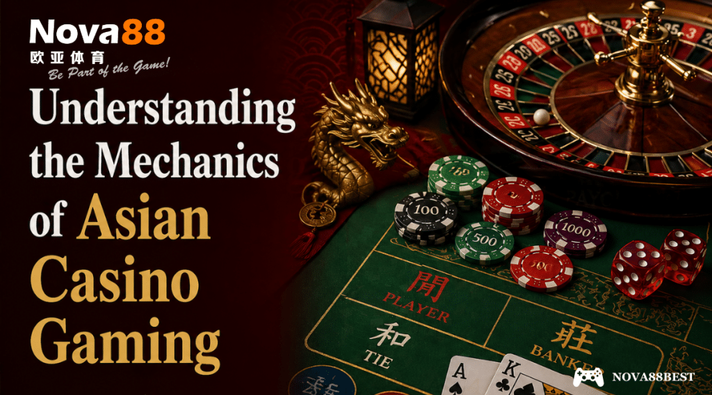 Asian casino gaming concept featuring roulette wheel, baccarat table, poker chips, dice, dragon statue, and the title “Understanding the Mechanics of Asian Casino Gaming”
