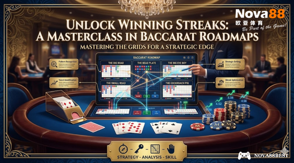 A detailed digital Baccarat roadmap guide, showcasing a screen analyzing the Big Road, Bead Plate, Small Road, and Cockroach Pig charts on a luxurious casino table in Malaysia.