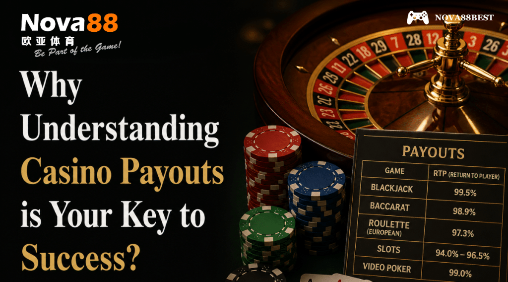 Luxury casino payout concept featuring roulette wheel, poker chips, playing cards, and payout rate board with the title “Why Understanding Casino Payouts is Your Key to Success?”