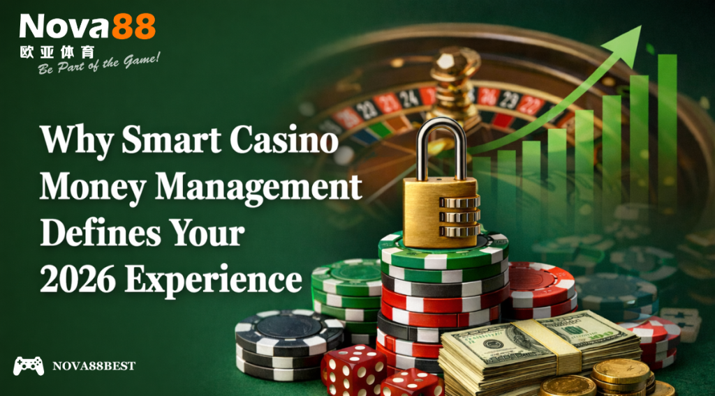 Bold Georgia title “Why Smart Casino Money Management Defines Your 2026 Experience” on the left with casino chips, cash, dice, and a lock symbolizing secure bankroll growth on the right.