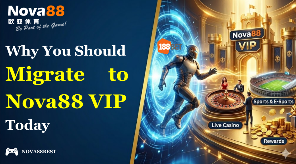 A dynamic 3D promotional image features a futuristic figure emerging from a blue digital portal into a golden Nova88 VIP realm with extensive casino and sports elements.