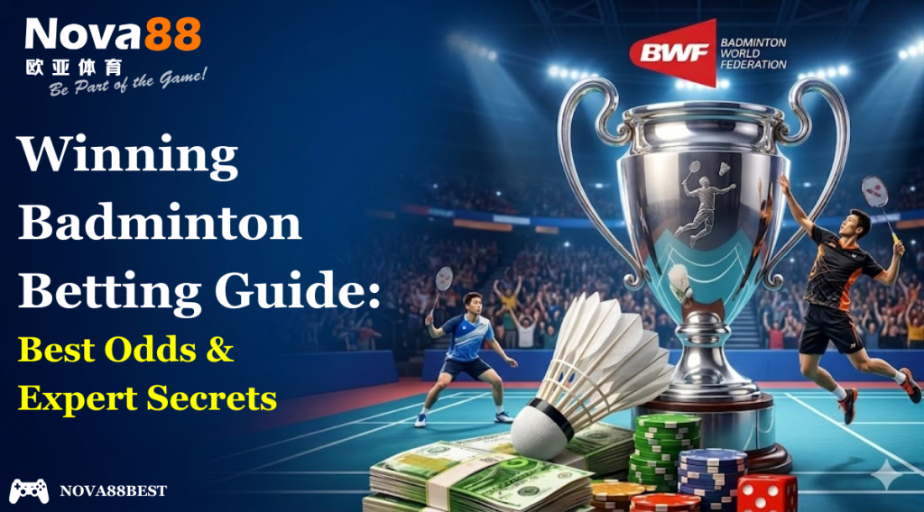 A high-action badminton arena scene featuring professional players, a championship trophy, and betting elements like cash and chips with a large empty space on the left for custom text.