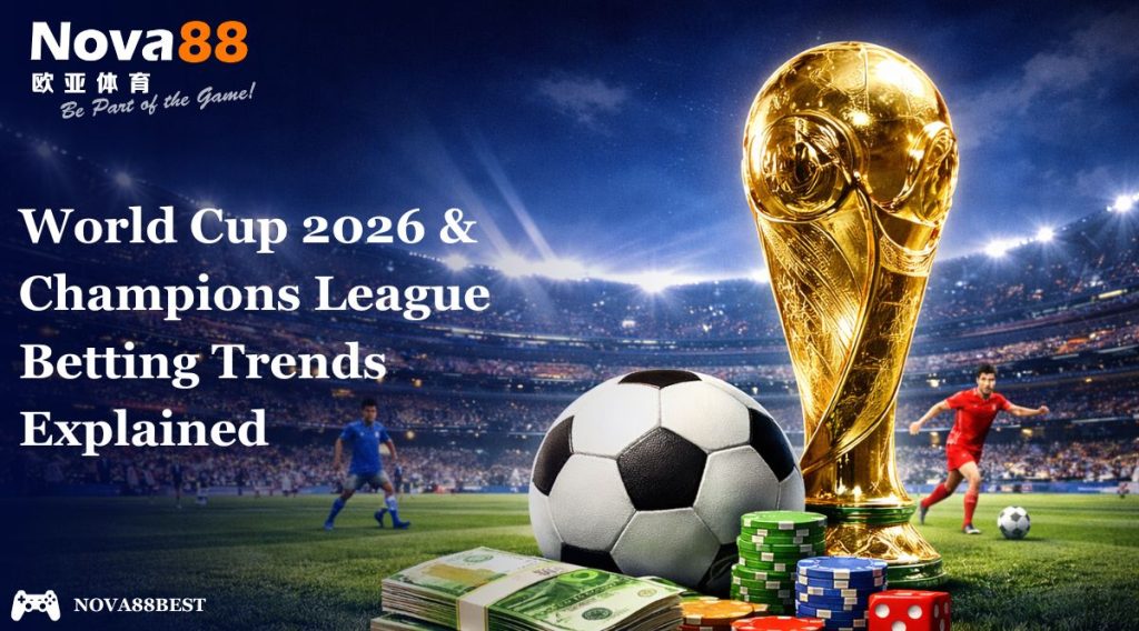 World Cup final banner with bold Georgia font title on the left and trophy, football, and betting elements on the right in a stadium setting