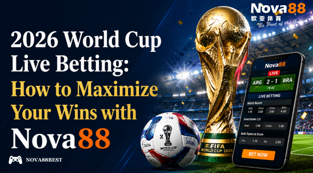 2026 World Cup live betting promotional banner featuring a football stadium, World Cup trophy, live betting mobile interface, and Nova88 branding with bold Georgia font text.