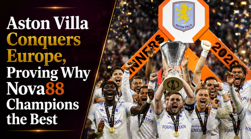 Aston Villa celebrating a historic European triumph with epic football stadium lights and Nova88 championship-inspired sportsbook vibes.