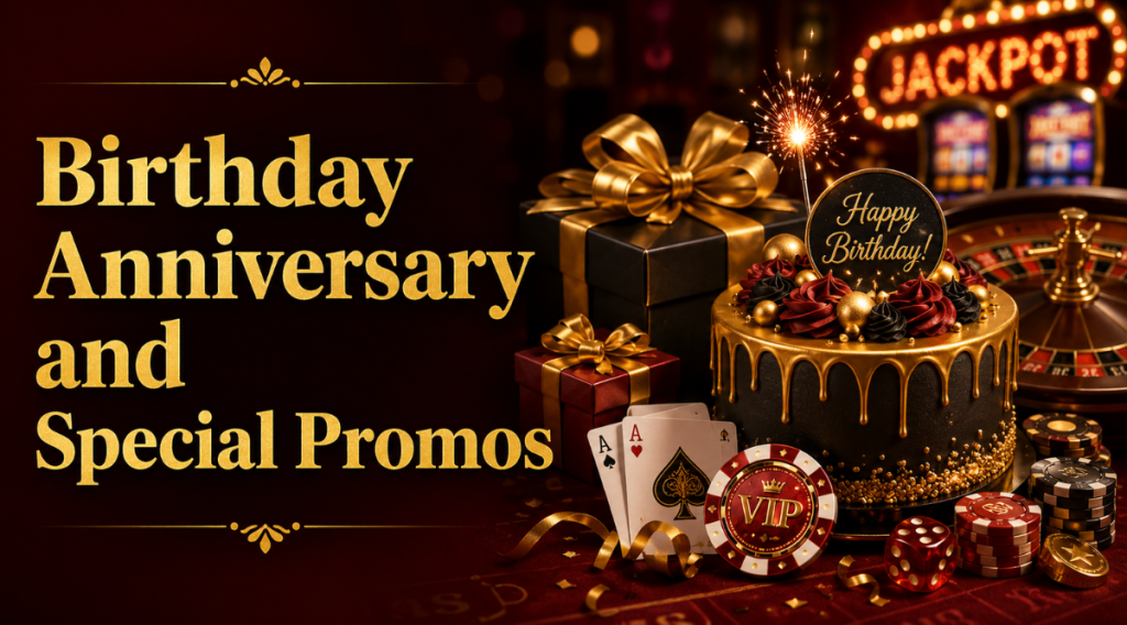 Birthday Anniversary and Special Promos casino-themed banner featuring luxury gold Georgia font text on the left, with a birthday cake, casino chips, roulette table, VIP chip, gift boxes, and jackpot sign on the right in a red and gold casino setting.