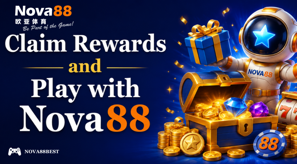 Claim Rewards and Play with Nova88 promotional banner featuring a futuristic astronaut mascot, treasure chest filled with coins and gems, and slot machine on a blue casino-themed background.