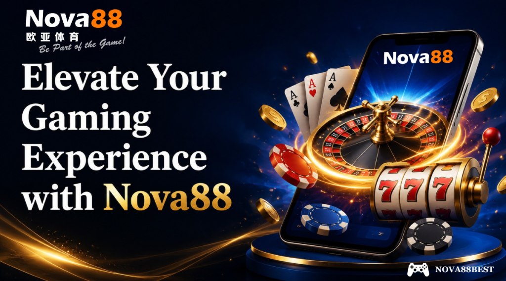 Luxury Nova88 gaming banner featuring a mobile casino interface with roulette, poker cards, slot machine, and poker chips beside the bold title “Elevate Your Gaming Experience with Nova88”.