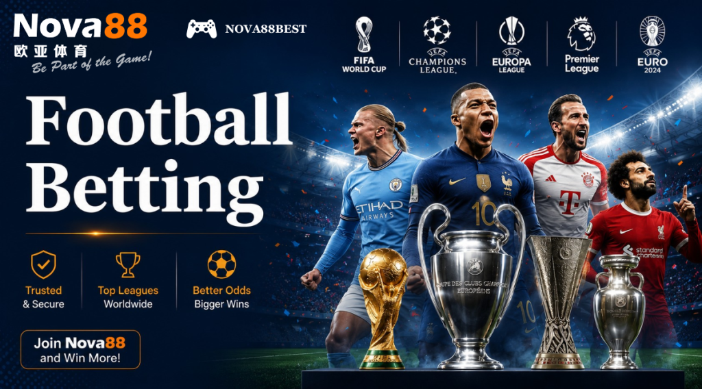 Football Betting poster for Nova88 featuring FIFA World Cup, UEFA Champions League, UEFA Europa League, Premier League, and Euro Cup with iconic football trophies and star players in a stadium background.