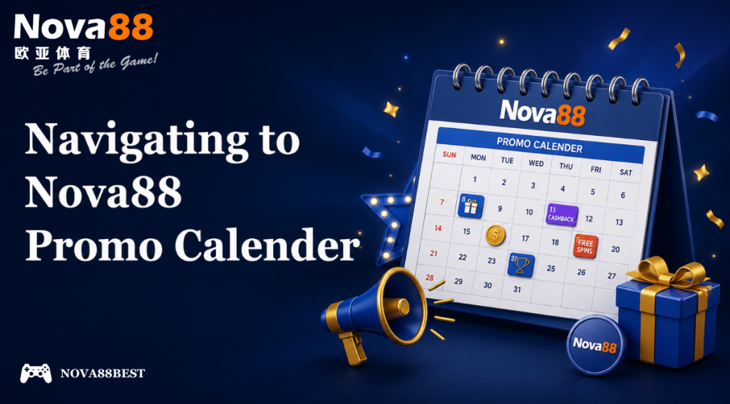 Navigating to Nova88 Promo Calendar with bold Georgia font on the left and a promotional calendar illustration with gifts and bonus icons on the right.