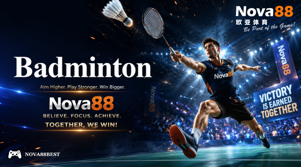 Epic 3D badminton poster featuring a powerful athlete mid-air during a smash shot in a glowing stadium arena. The bold title “Badminton” appears on the left in large Georgia-style typography, while the right side showcases an intense action scene with Nova88 branding and motivational slogans.