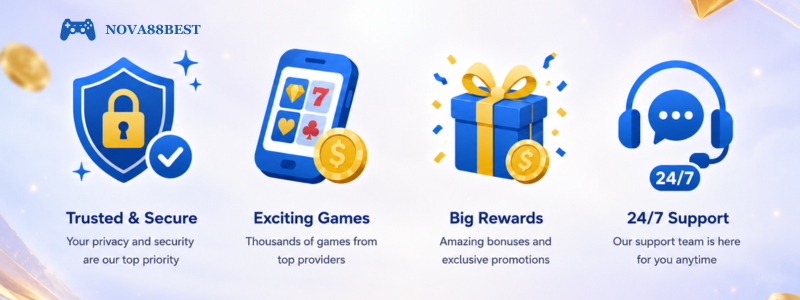 Nova88 promotional banner featuring four gaming platform benefits: Trusted & Secure, Exciting Games, Big Rewards, and 24/7 Support, displayed with modern blue-and-gold icons on a soft premium gradient background.