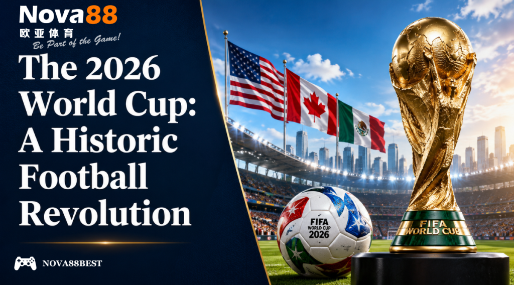 Epic promotional artwork for the 2026 FIFA World Cup featuring a bold Georgia font title on the left and a football stadium scene with the World Cup trophy, football, and host nation flags on the right.