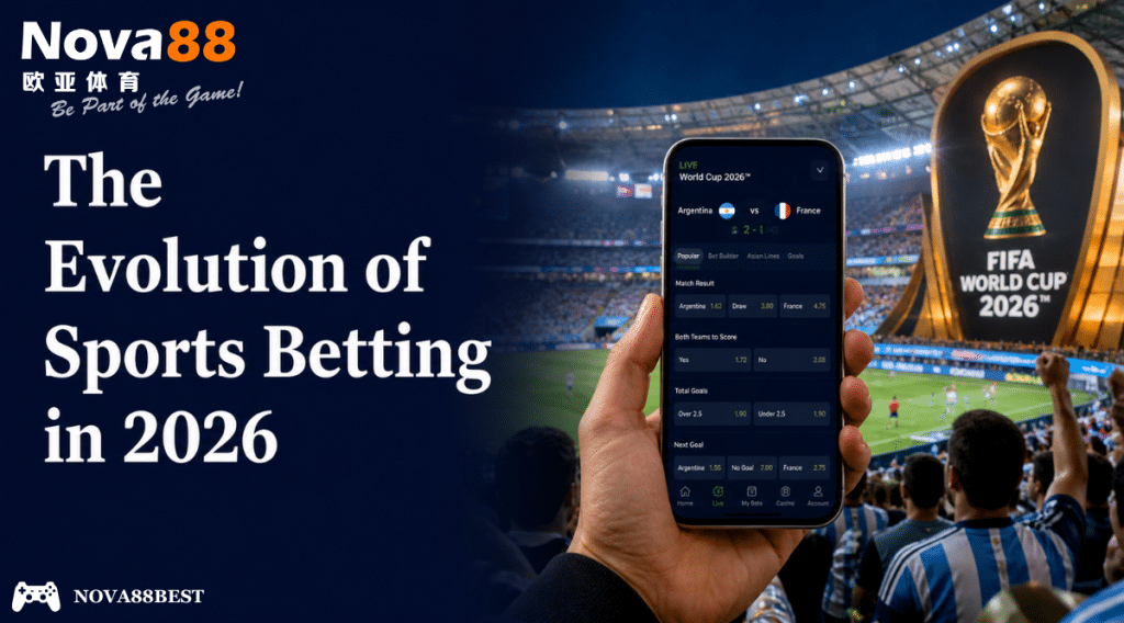 The Evolution of Sports Betting in 2026 banner featuring FIFA World Cup 2026 stadium, betting mobile app, and World Cup trophy.