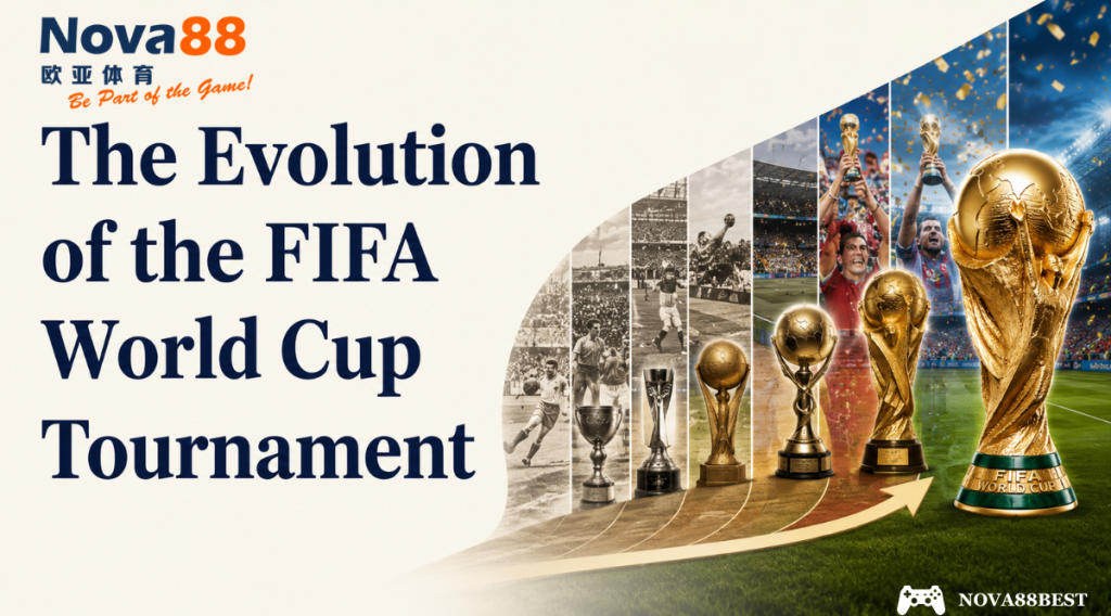 A presentation-style graphic titled “The Evolution of the FIFA World Cup Tournament” in bold Georgia font on the left, with a visual timeline of FIFA World Cup trophies and historic football moments on the right.