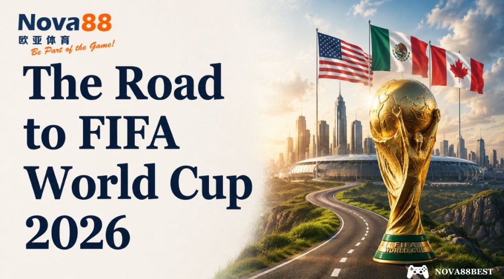 The Road to FIFA World Cup 2026” promotional image featuring bold Georgia font text on the left and a FIFA World Cup-inspired trophy with a highway, stadium, and host nation flags on the right.