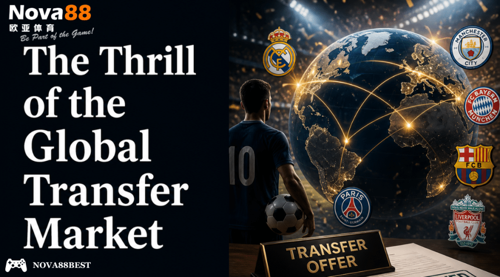 The Thrill of the Global Transfer Market featuring a football player, global transfer routes, and major club logos in a dramatic stadium setting.