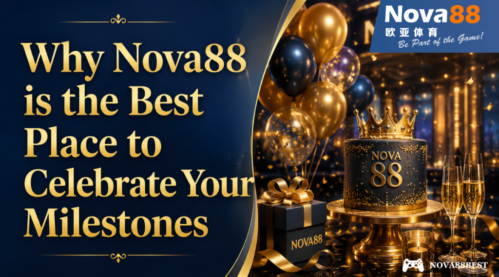 Why Nova88 is the Best Place to Celebrate Your Milestones promotional banner with elegant gold Georgia font on the left and luxury celebration scene with cake, balloons, champagne, and Nova88 branding on the right.
