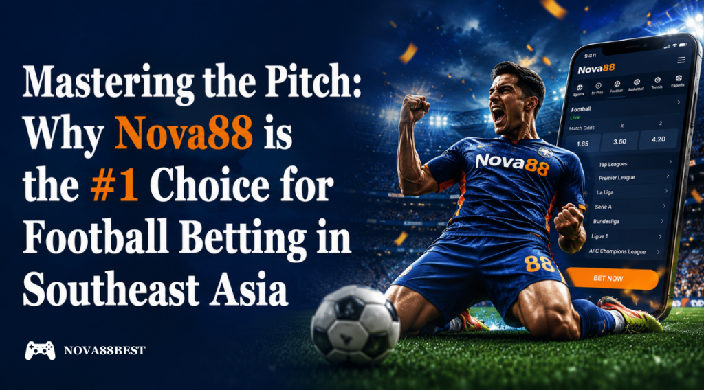 Mastering the Pitch: Why Nova88 is the #1 Choice for Football Betting in Southeast Asia banner featuring a football player celebrating in a stadium with a live betting mobile interface and sportsbook theme.