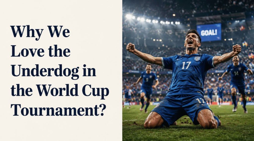 Football underdog team celebrating a dramatic goal during a World Cup tournament match with bold editorial title design on the left side.