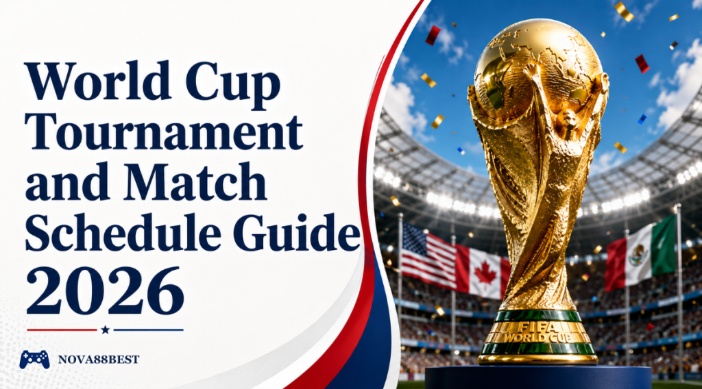 World Cup Tournament and Match Schedule Guide 2026 promotional banner featuring bold Georgia font text on the left and a golden World Cup trophy inside a stadium with confetti and international flags on the right.