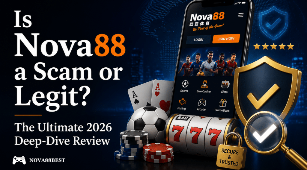 Is Nova88 a Scam or Legit? The Ultimate 2026 Deep-Dive Review featuring the Nova88 logo, mobile sportsbook interface, casino icons, and security shield.