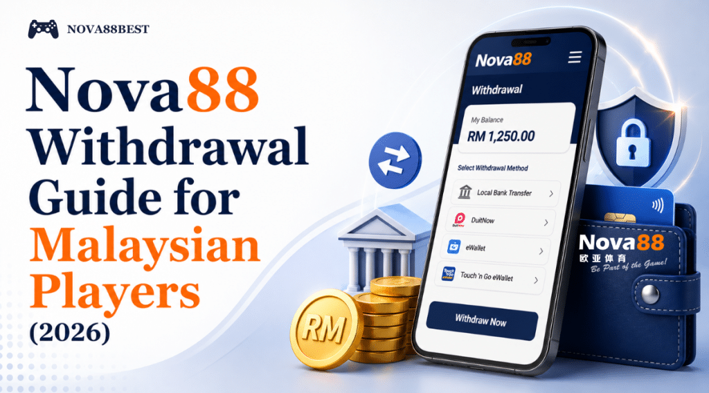 Nova88 Withdrawal Guide for Malaysian Players (2026) showing secure withdrawal methods via local bank transfer and eWallet on a mobile device.